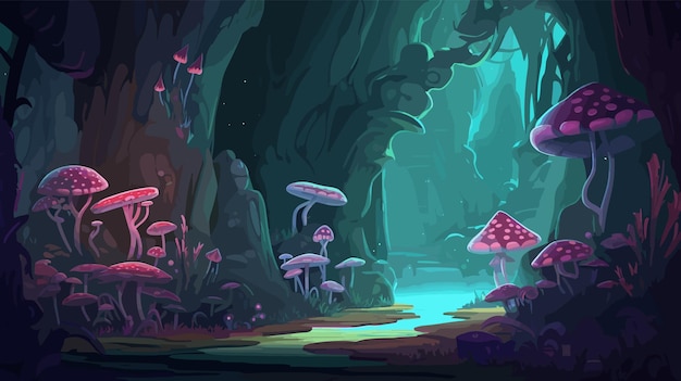 monde souterrain magique avec des rochers imposants illustration de dessin animé de champignons rougeoyants