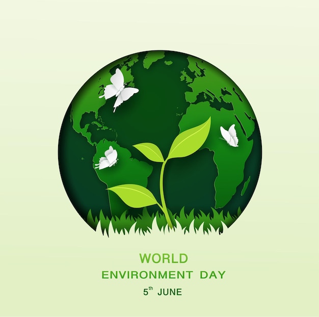 Monde Vert En Cercle Avec Jeune Arbre Sur L'herbe Journée Mondiale De L'environnement 5 Juin Concept Dans La Conception D'art Papier Illustrateur