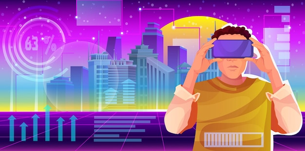 Vecteur monde de la ville virtuelle avec homme en lunettes vr interface numérique avec paysage urbain hologramme réseau technologie abstraite cyberespace futuriste science rétro néon art galaxie matrice illustration vectorielle