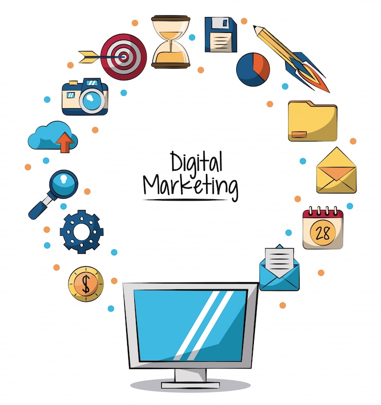 Vecteur moniteur lcd en gros plan et icônes de marketing autour