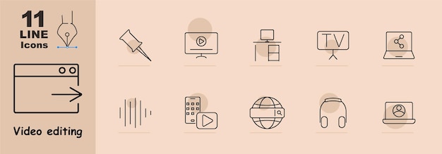 Moniteur vidéo pin TV de bureau ordinateur portable avec graphique ondes sonores smartphone globe de recherche écouteurs et profil utilisateur Représente des outils pour la création et l'édition multimédia