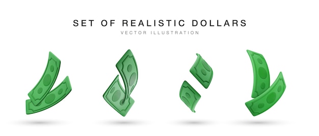 Monnaie De Billets De Banque Réaliste En Dollars De Papier Vert 3d De Style Dessin Animé Ensemble D'argent Tordu Illustration Vectorielle