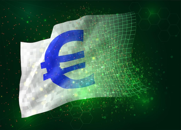 Monnaie euro sur le drapeau 3d vectoriel sur fond vert avec des polygones et des numéros de données