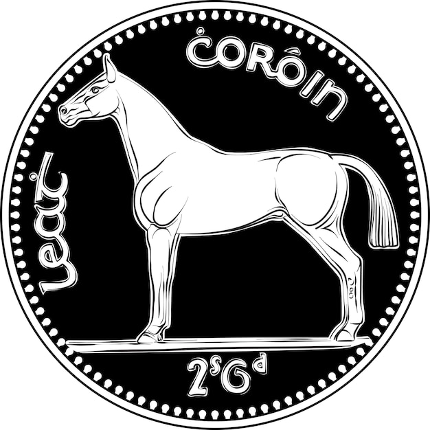 Vecteur monnaie irlandaise pièce d'argent prédécimale demi-couronne avec chasseur irlandais sur le revers image en noir et blanc