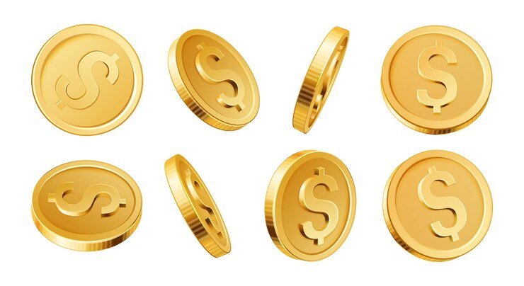 Vecteur monnaie d'or 3d monnaie de dollar d'or réaliste dollars d'or différentes vues jouer de l'argent épargne et investissement bancaire symbole de trésorerie financière ensemble vectoriel isolé