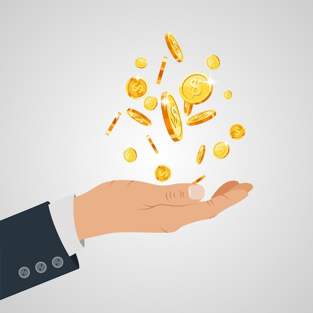 Monnaie d'or à la main homme d'affaires dessin isométrique illustration vectorielle