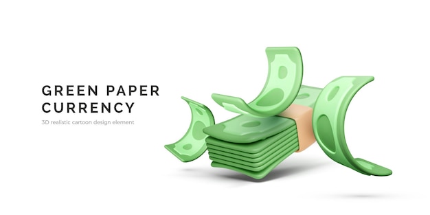 Vecteur monnaie en papier vert renderage 3d de billets de banque en dollars tombant sur un paquet d'argent illustration vectorielle