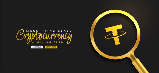 Monnaie Tether Crypto avec fond de loupe dorée Échange d'argent numérique de Blockchain