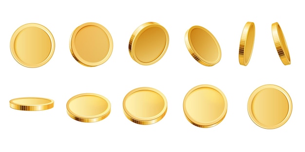 Monnaies d'or 3D monnaie d'airain jaune ou d'or réaliste en blanc différentes vues banque de paiement et d'investissement et finance symbole d'argent ensemble vectoriel isolé