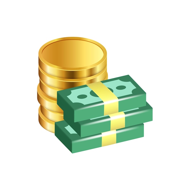 Monnaies d'or et piles avec de l'argent liquide Illustration vectorielle isolée sur fond blanc