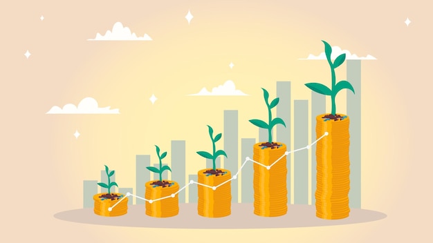 Monnaies sur une pile avec une plante poussant sur l'argent avec un fond vert Concept d'investissement en obligations