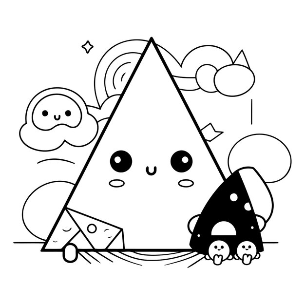 Vecteur monochrome kawaii noir et blanc illustration monochrome d'un triangle avec une souris et une lettre