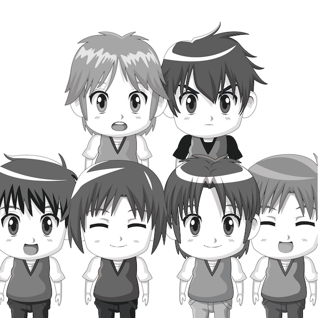 Monochrome Set Silhouette Demi Corps Mignonne Anime Adolescents Expressions Faciales