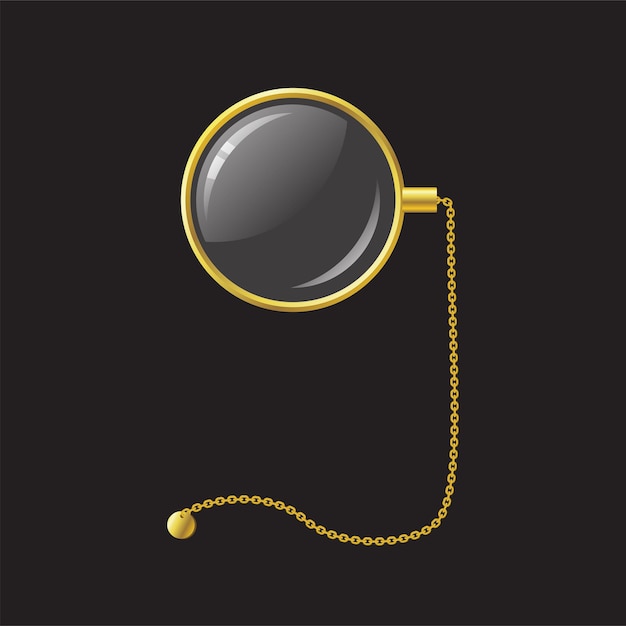 Vecteur monocle d'or avec une chaîne - illustration d'objet isolé réaliste de vecteur moderne sur fond noir. utilisez ce clip art de haute qualité pour des présentations, des bannières et des dépliants. lunettes élégantes