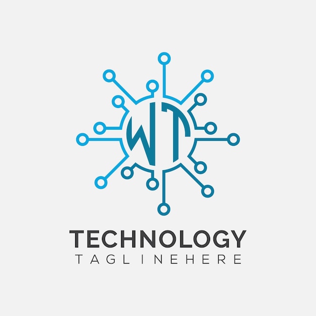 Monogramme initial WT pour le logo technologique avec un design de style cercle