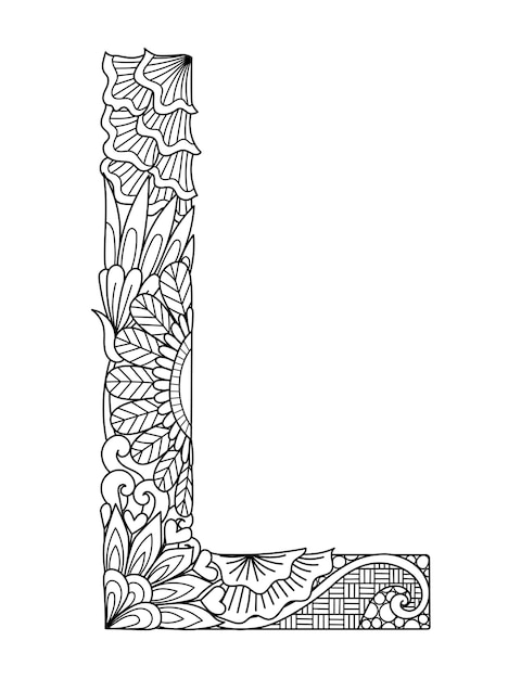 Vecteur monogramme de la lettre l du mandala, livre de coloriage pour adultes, conception de gravure.