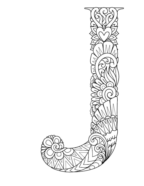 Monogramme de la lettre J du mandala, livre de coloriage pour adultes, conception de gravure.