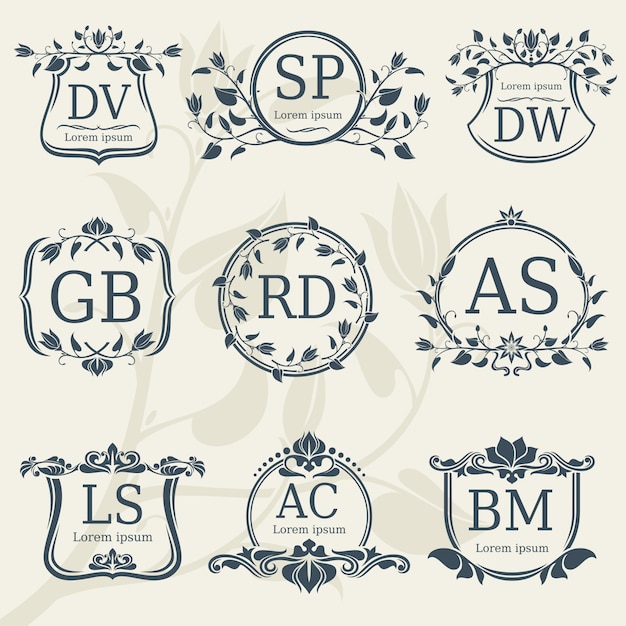 Vecteur monogrammes de mariage d'élégance vintage avec cadres floraux