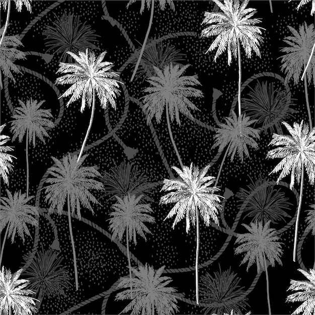 Monotone Noir Et Blanc Seamless Pattern Couche D'arbres Plam Tropicales Sur Modèle Sans Couture D'humeur été Corde Texture.