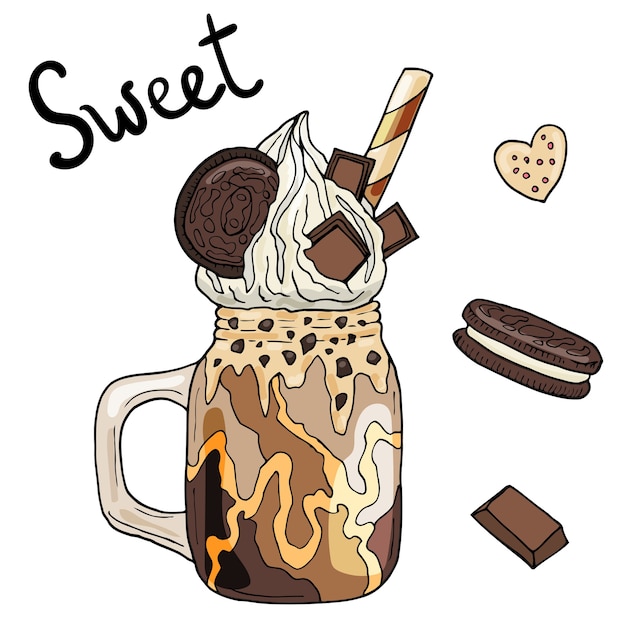 Monster Shake Au Chocolat Et Caramel. Illustration Dessinée à La Main. Isolé