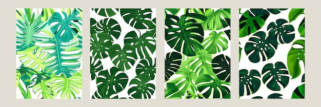 Monstera vert comme motif sur un motif exotique de fond blanc avec des feuilles tropicales Ensemble d'illustrations vectorielles