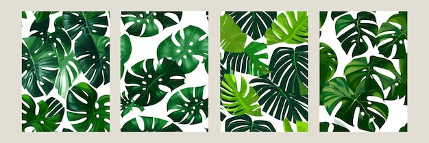 Monstera vert comme motif sur un motif exotique de fond blanc avec des feuilles tropicales Ensemble d'illustrations vectorielles