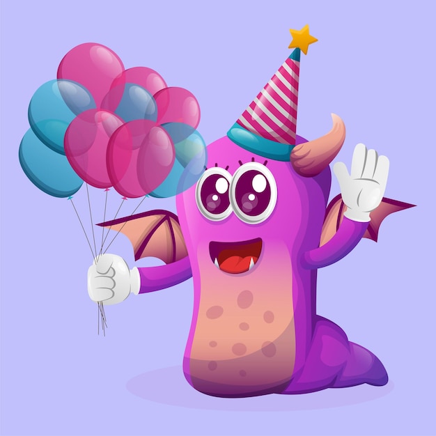 Monstre Violet Mignon Portant Un Chapeau D'anniversaire Tenant Des Ballons