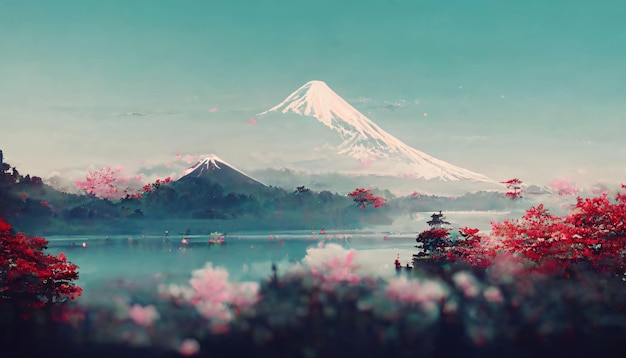 Vecteur le mont fuji et le sakura au lac