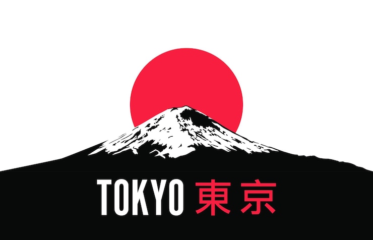 Vecteur le mont fujiyama noir et l'inscription tokyoles jeux d'été au japon