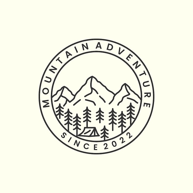 Montagne avec badge et dessin au trait style logo icône modèle designaventuretentriver arbre illustration vectorielle