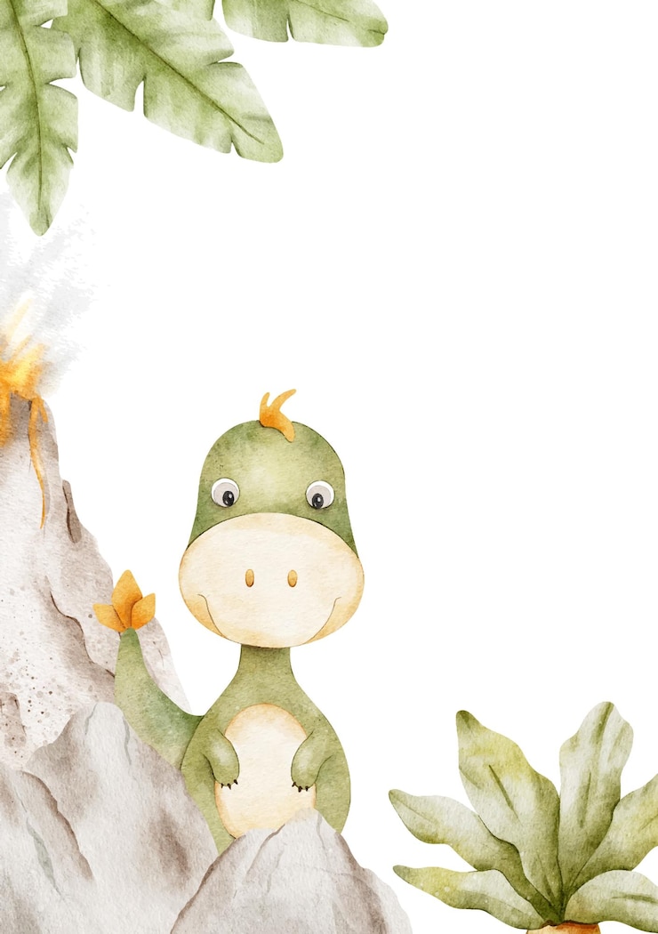 Vecteur montagne de bébé dinosaure vert volcan en éruption et feuilles de palmier cadre d'aquarelle isolé dessiné à la main couronne de tyrannosaurus rex dino pour la conception de la chambre des enfants produits d'affiche carte de douche pour bébé