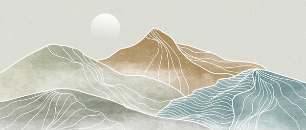 Montagne avec dessin au trait. Illustrations minimalistes créatives peintes à la main du milieu du siècle moderne. Fond de paysage abstrait naturel