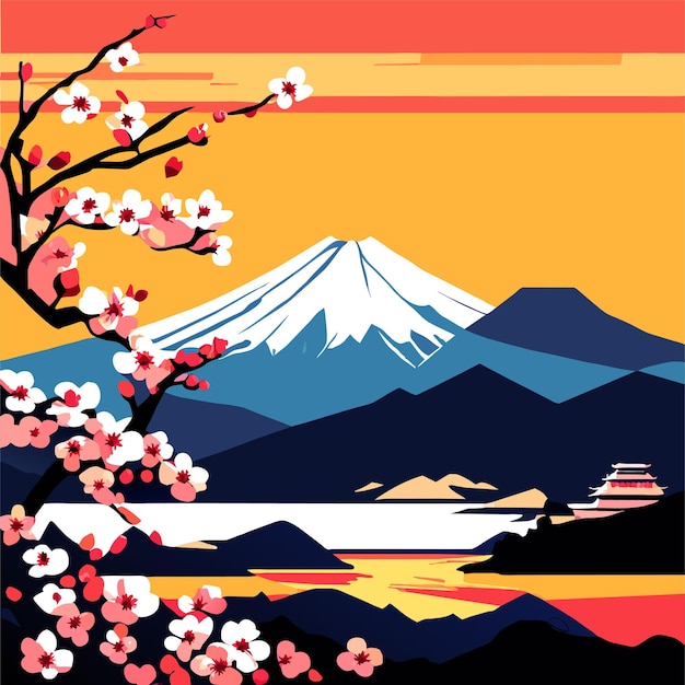 Vecteur la montagne fuji et les cerisiers en fleurs au printemps