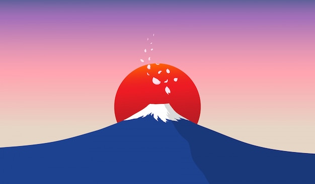 Vecteur montagne de fuji avec le soleil rouge en arrière-plan