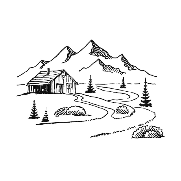 Vecteur montagne avec pins et maison de campagne paysage noir sur fond blanc. pics rocheux dessinés à la main dans le style de croquis. illustration vectorielle.