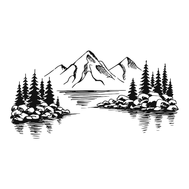 Montagne Avec Pins Et Paysage Lacustre Noir Sur Fond Blanc. Pics Rocheux Dessinés à La Main Dans Le Style De Croquis. Illustration Vectorielle.