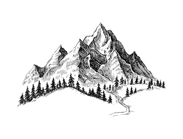 Montagne avec pins et paysage noir sur fond blanc Pics rocheux dessinés à la main