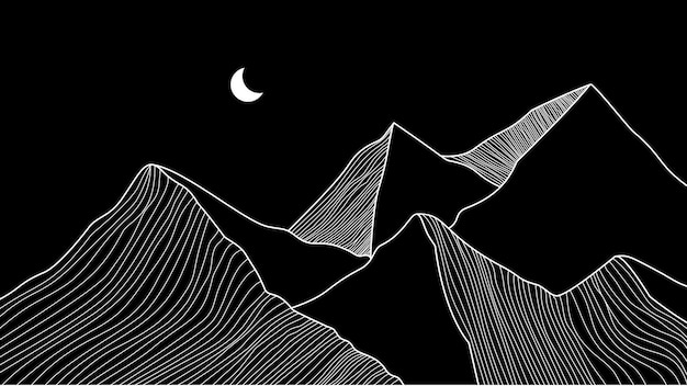 montagne de style artistique avec la lune sur un fond noir