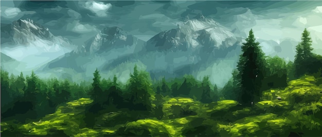 Montagnes brumeuses avec forêt de conifères illustration vectorielle panorama rocheux fumé avec montagne
