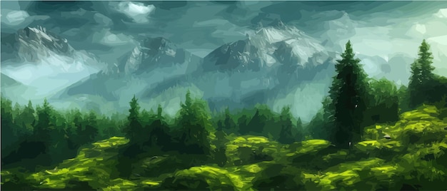 Vecteur montagnes brumeuses avec forêt de conifères illustration vectorielle panorama rocheux fumé avec montagne