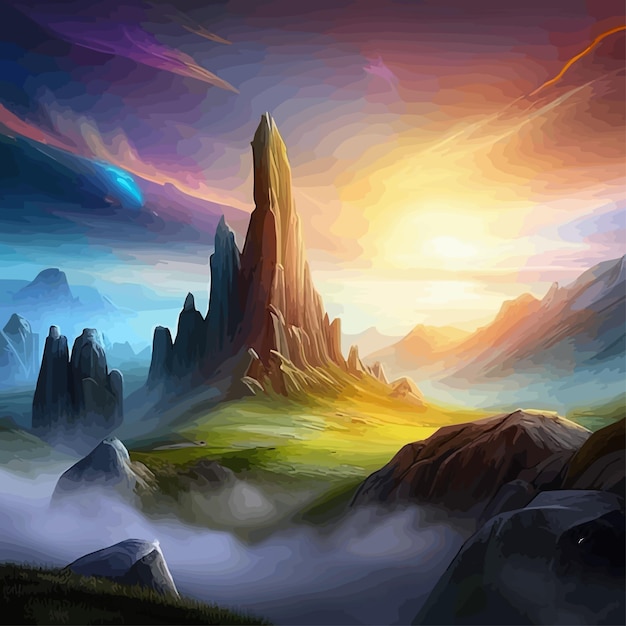 Vecteur montagnes brumeuses avec des pentes douces coucher de soleil nuages sur ciel beau paysage de montagne vecteur
