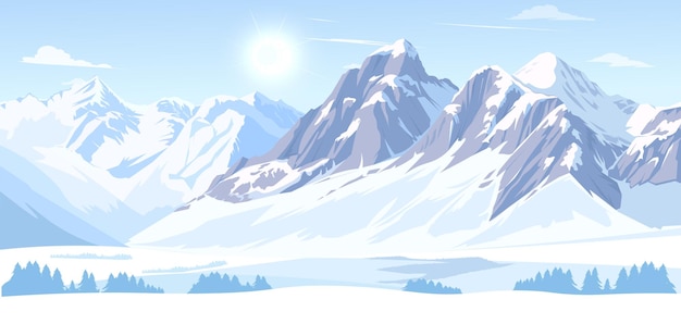 Des montagnes couvertes de neige sous un soleil éclatant en hiver illustration vectorielle du paysage