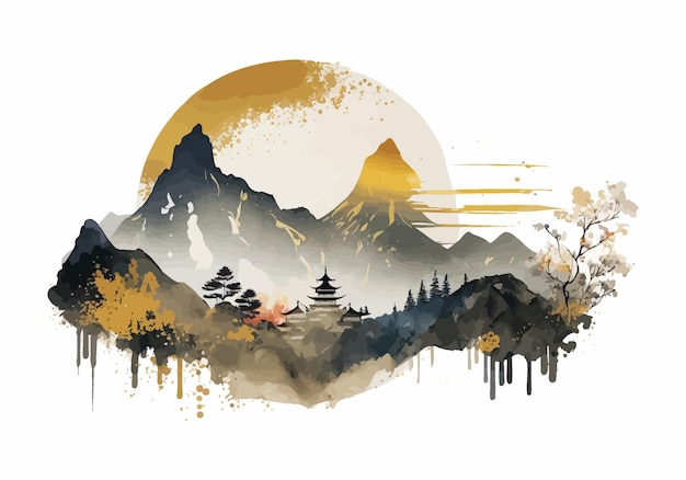 Montagnes et forêt dans le style de l'illustration vectorielle aquarelle