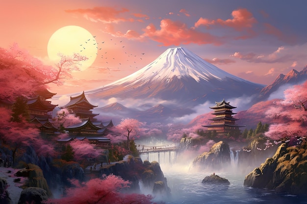 Vecteur des montagnes japonaises sur fond rouge