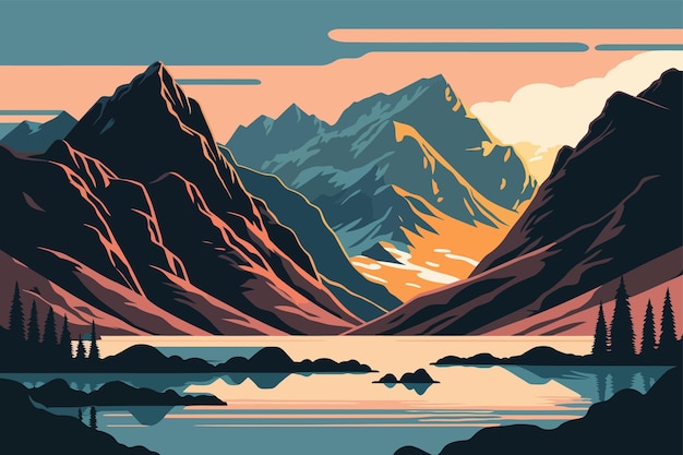 Vecteur montagnes et lac illustration vectorielle dans un style plat paysage naturel