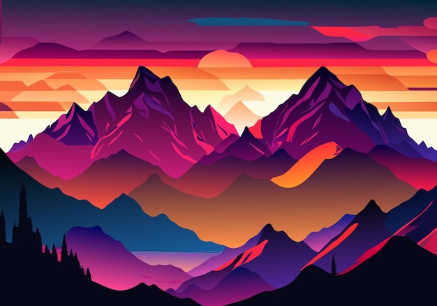 Les montagnes majestueuses projettent une silhouette contre un coucher de soleil vibrant