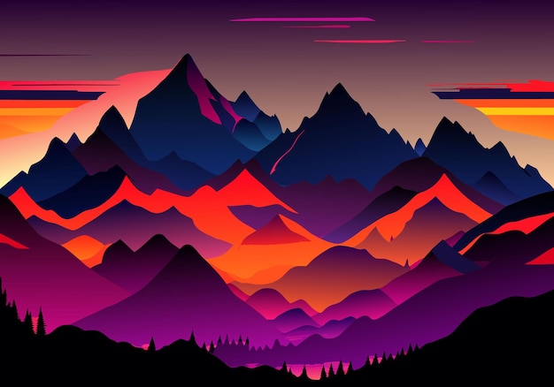 Les montagnes majestueuses projettent une silhouette contre un coucher de soleil vibrant