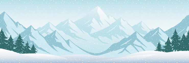 Vecteur des montagnes de paysage hivernal avec des forêts dans le brouillard, des flocons de neige et des illustrations de chutes de neige.