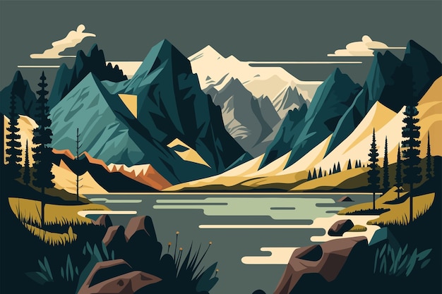 Vecteur montagnes et paysage lacustre illustration vectorielle en style cartoon plat