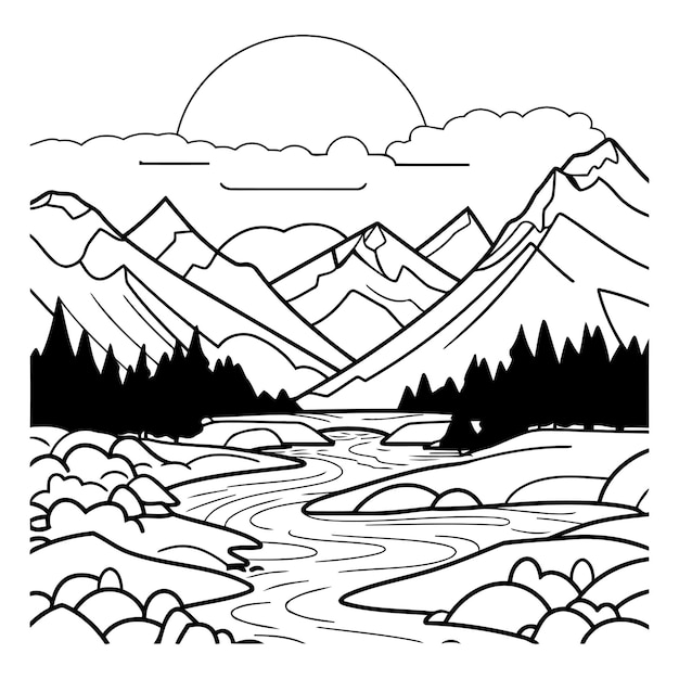 Vecteur montagnes et rivières dans le style de contour paysage de montagne